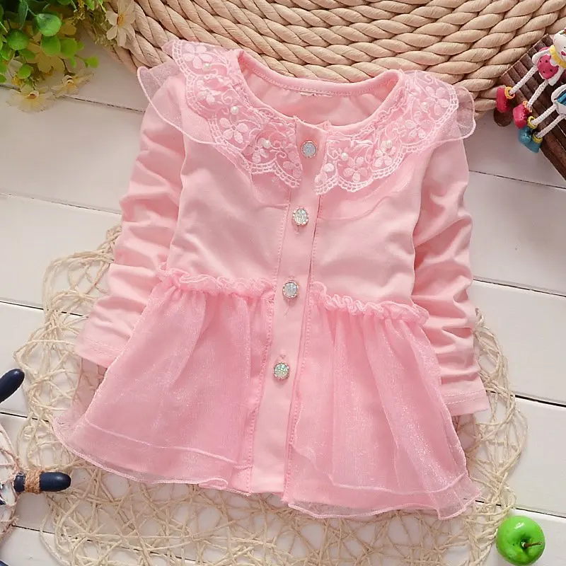 Baby Spring Autumn Lace Bow Flower Coat Girl's Long-Sleeved Outwear Cardigan 