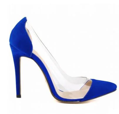 Loslandifen/женские замшевые вечерние туфли-лодочки с острым носком на высоком каблуке; женские прозрачные вечерние туфли на шпильке; большие размеры 35-42 - Цвет: blue flock
