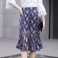 Весна цветы печатает рыбий хвост Высокая Талия юбки оборчатым краем средней длины бюст юбки