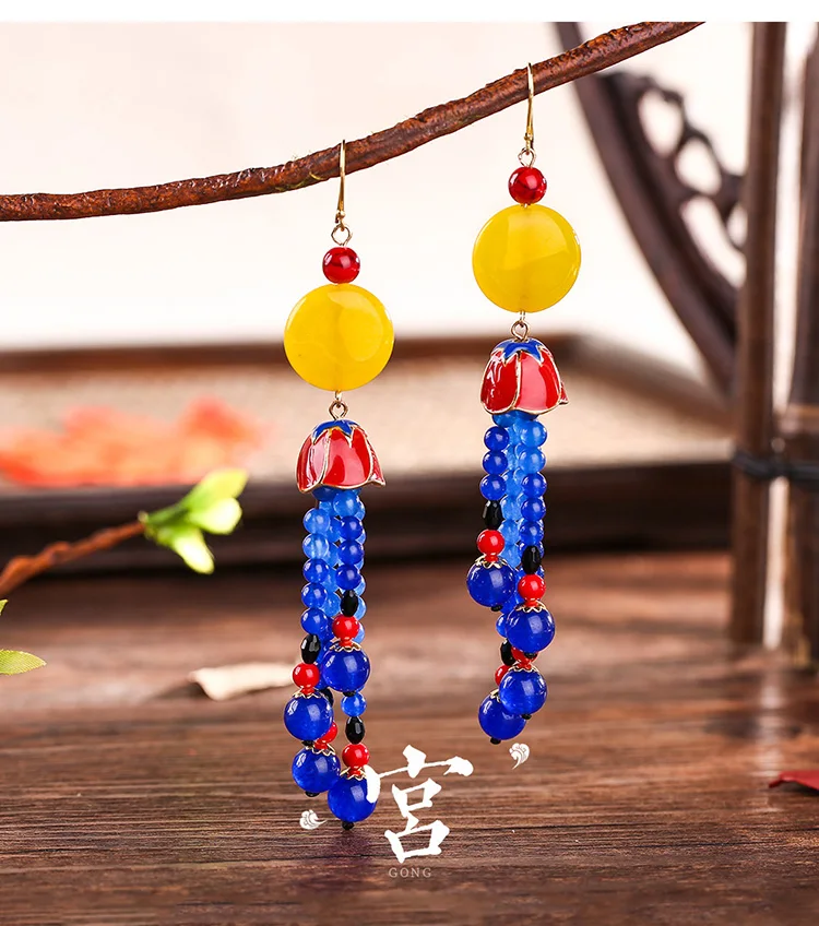 

earrings, Korean women, Korean temperament, long Earrings, 925 silver hooks, folk style, Tassel Earrings.