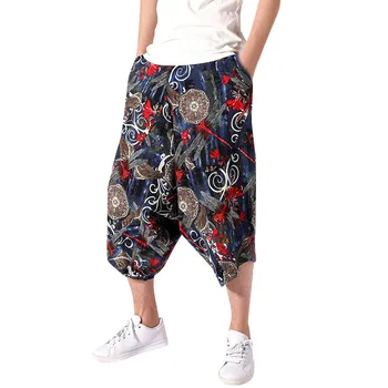 

Spring And Summer Men's Wide Crotch Harem Cotton Linen Plus Size Black Print Wide-legged Bloomers Baggy Cropped Trousers L415A