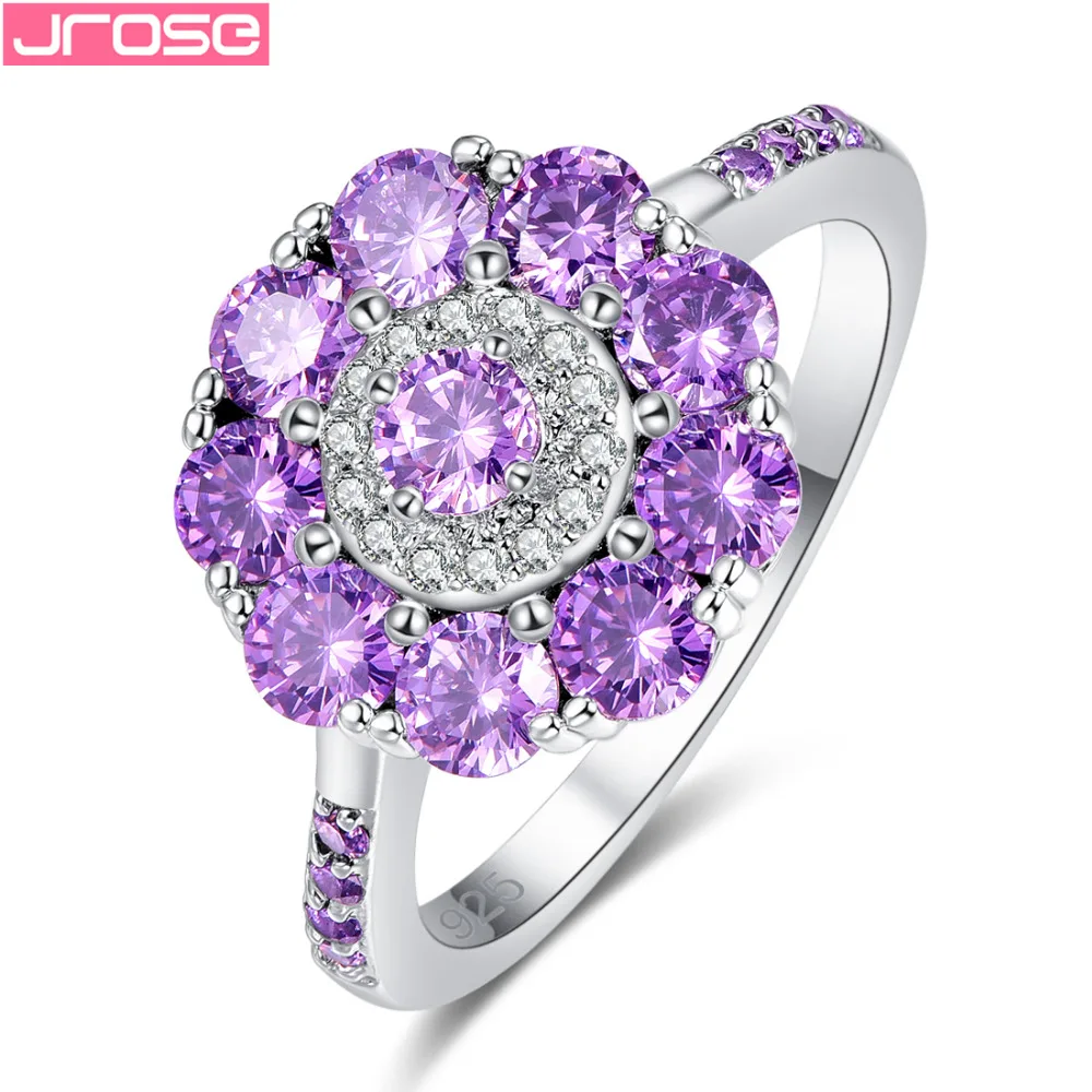 

JROSE Beautiful Gorgeous Fashion Round Cut Purple White Cubic Zirconia Silver Ring Size 6 7 8 9 Free Shipping For Women Party