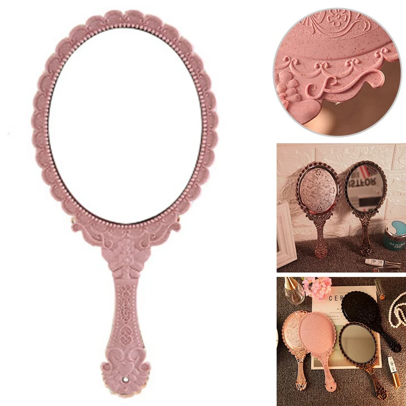 

Vintage Handhold Makeup Mirror Pink Repousse Floral Oval Round Cosmetic Hand Held Mirror With Handle For Ladies Beauty Dresser