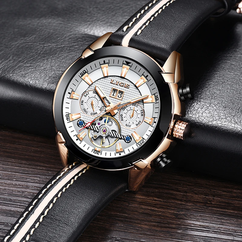 LIGE мужской роскошный бренд часов Tourbillon автоматические механические часы водонепроницаемые Модные кожаные часы бизнес класса Relogio Masculino