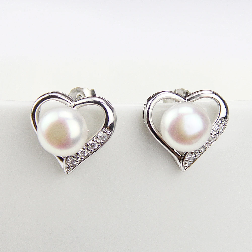 heart shaped pearl stud earrings,high quality cubic zirconia setting,genuine natural cultured