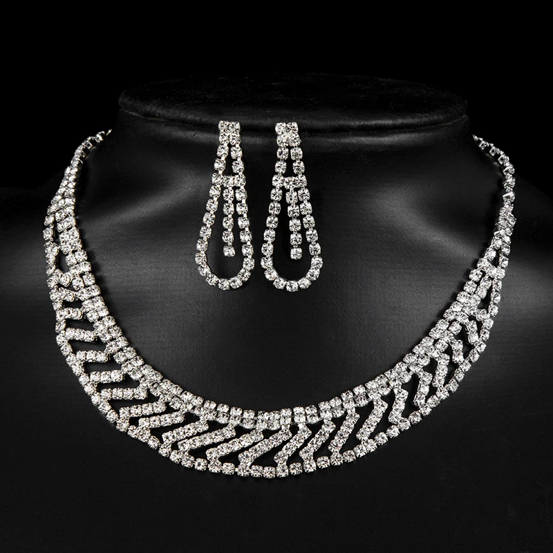 Fashion Crystal Pendant Bib Choker Chain Statement Necklace Earrings Jewelry Set