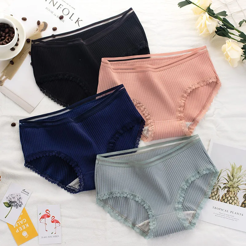 Women's Cotton Panties Female Striped Breathable Briefs Sexy Lace Decoration Underwear Women Plus Size L XL XXL Lingerie Intimates  (2)