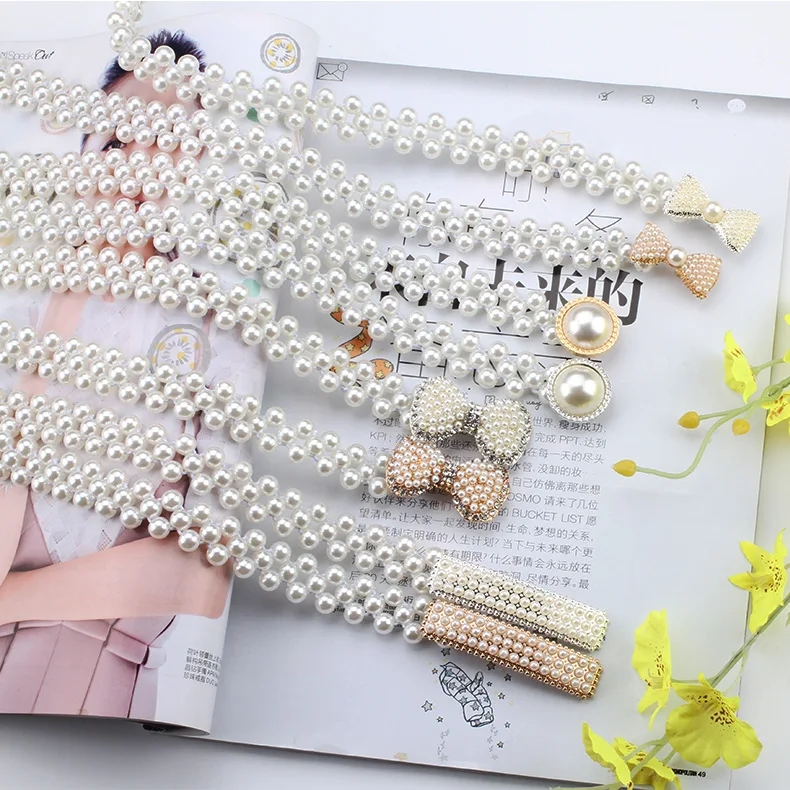 

New Elastic Waist Chain Female Wild Pearl Belt Fashion Rhinestone Pearl Decorative Dress Thin Waist Waistband Accessories