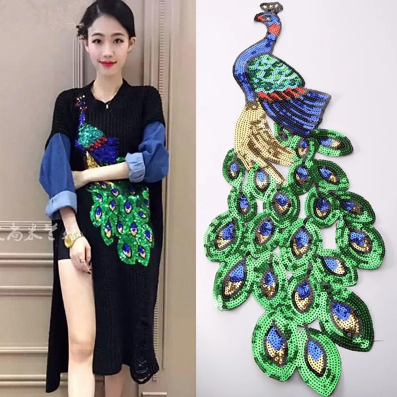 

1pc Large Sequin Peacock Feather Embroidery Patches for Clothing Fabric Applique African Lace Sew on Dress Clothes Accessory Diy