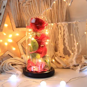 

LED Light Birthday Gift the Beast Red Rose Fallen Petals in a Glass Dome on a Plastic Base for Christmas Valentine's Gifts