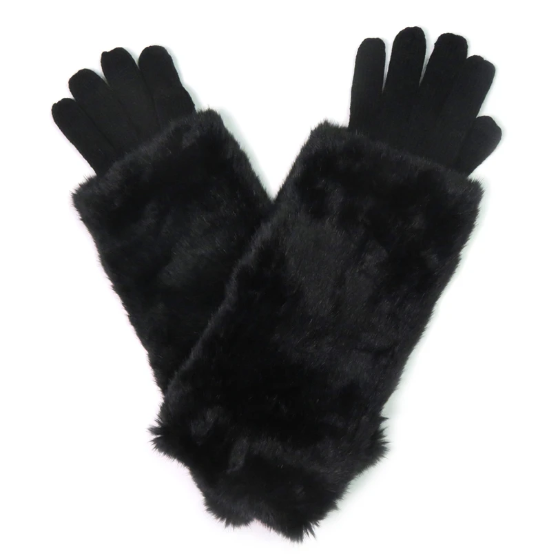 Women Long Gloves Mittens Faux Fur Winter Black Rex Fur Fluffy Soft