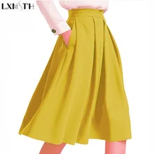 Lxmth Новое поступление, элегантная женская плиссированная юбка с высокой талией, однотонная Повседневная Женская юбка трапециевидной формы, тонкая юбка с карманами, яркие цвета