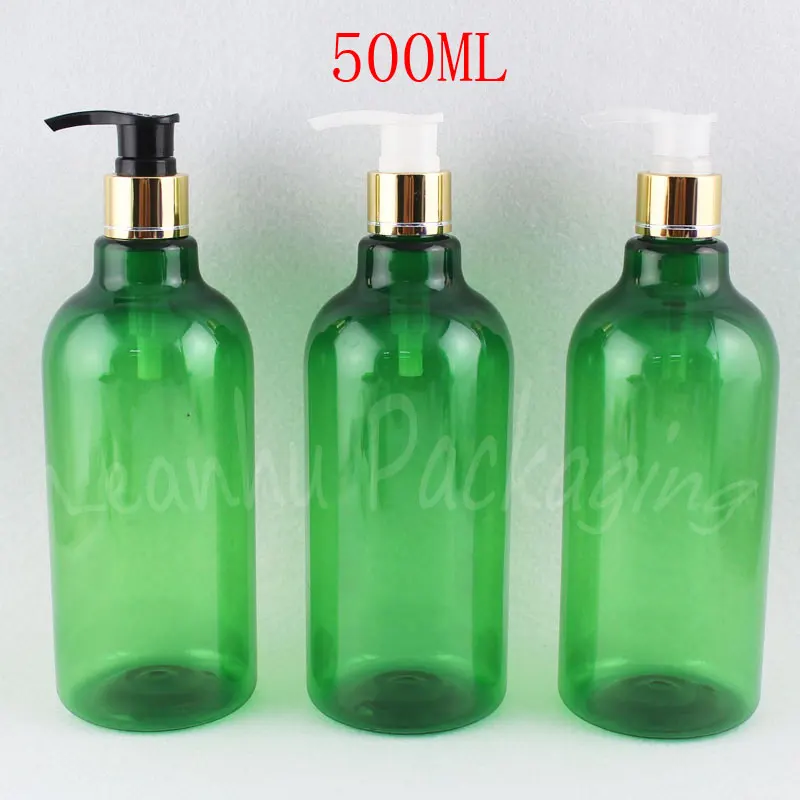 

500ML Green Plastic Bottle With Gold Lotion Pump , 500CC Empty Cosmetic Container , Shampoo / Shower Gel Packaging Bottle
