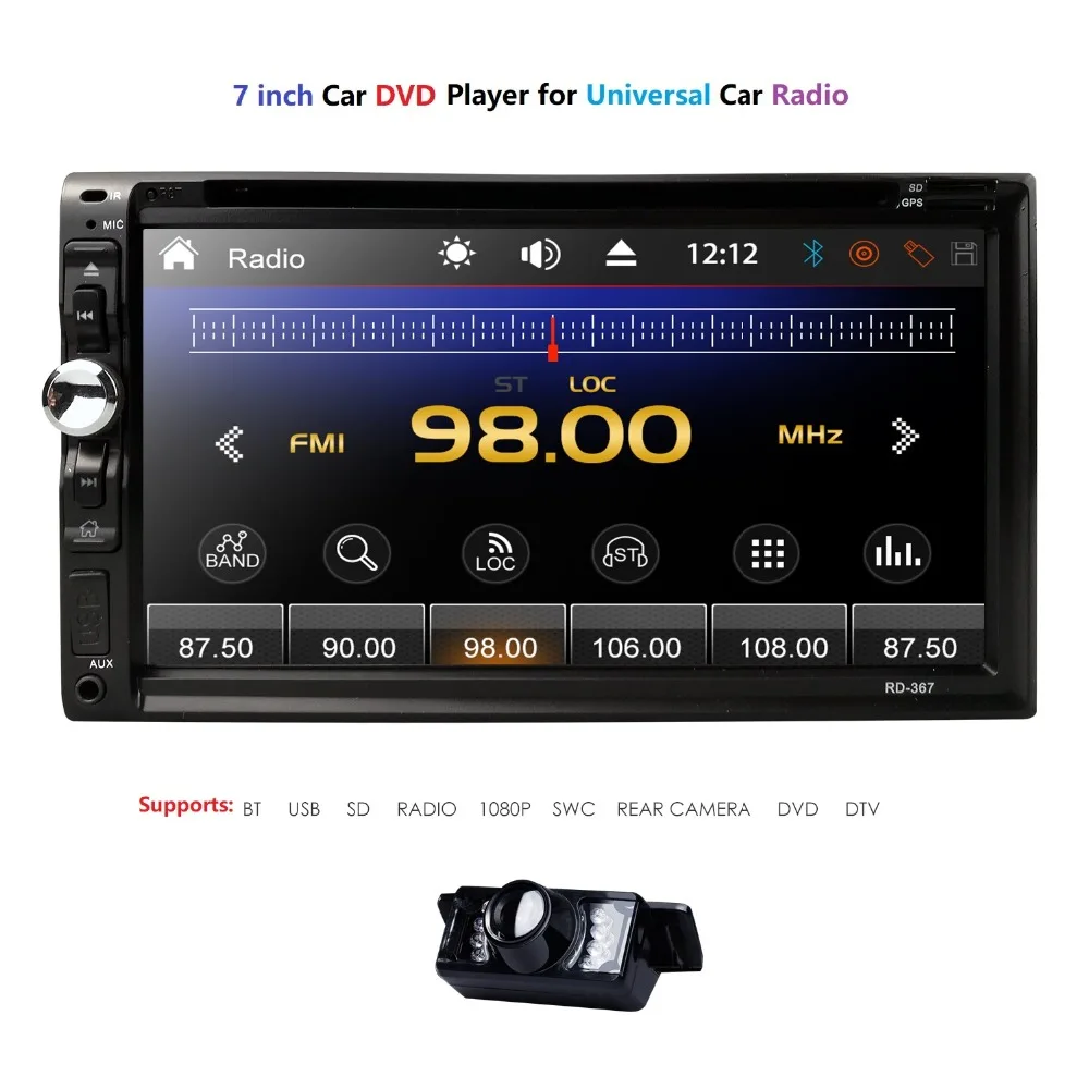 

7 Inch 2 din Car DVD player Universal Radio Support Bluetooth Steering wheel control RDS Mirror link 1080 P Free rear camera