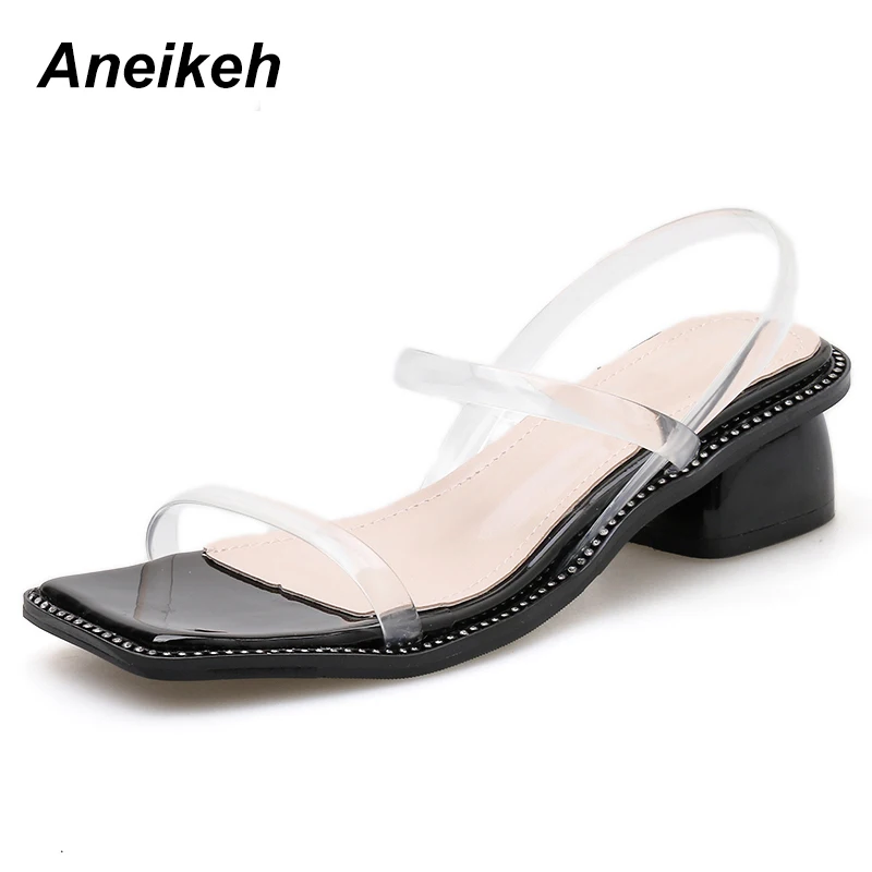 

Aneikeh 2019 Concise PVC Transparent Square High Heels Shoes Sandals Woman Buckle Strap Sandals Solid Apricot Black Party 39 40