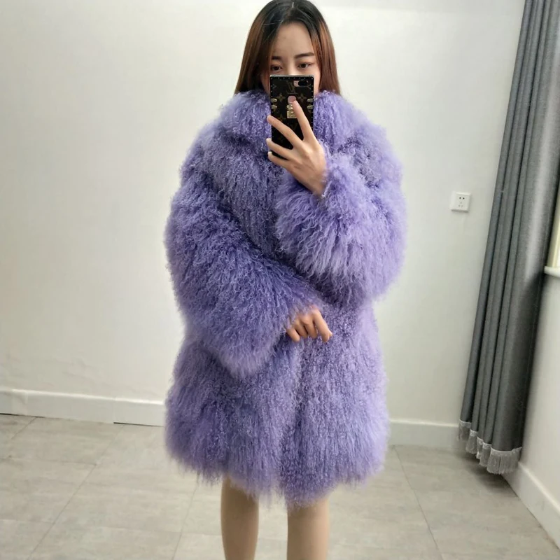 

Women real mongolian sheep fur coat with collar beach wool jacket female can be customized size and color outerwear