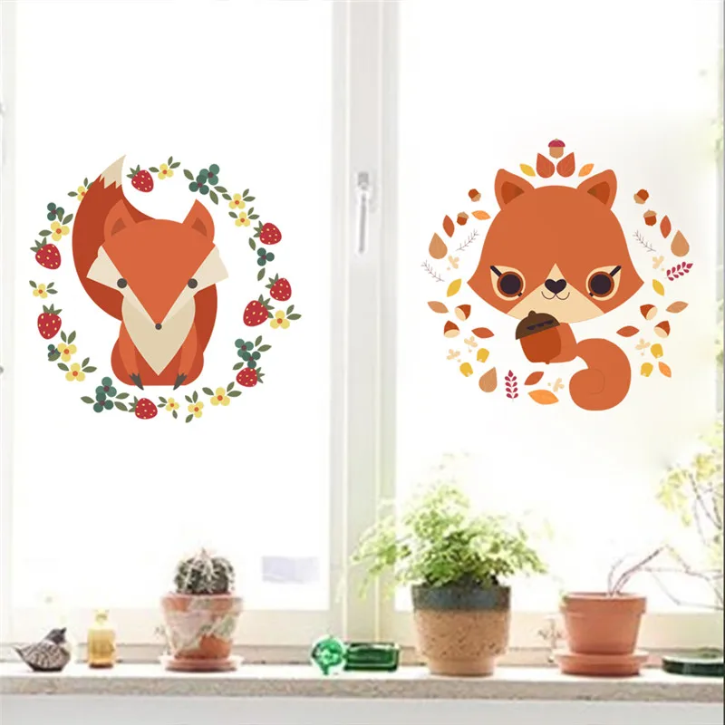 

Forest Animals Squirrel Fox Wall Stickers For Kids Rooms Home Decor Christmas Decoration Refrigerator Window Flower Wall Decals