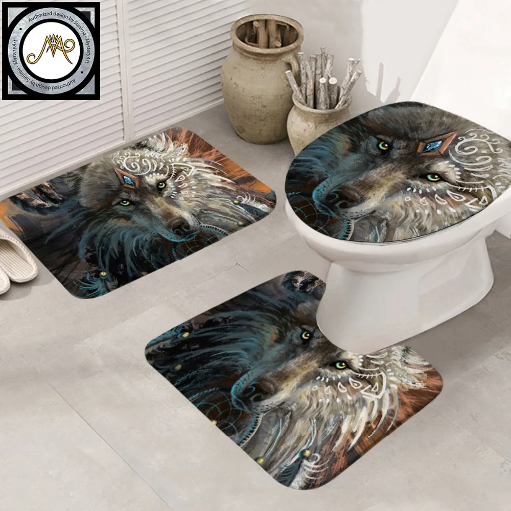 Wolf Warrior by SunimaArt Bathroom Mat Indian Wolf Anti Slip 3 Piece