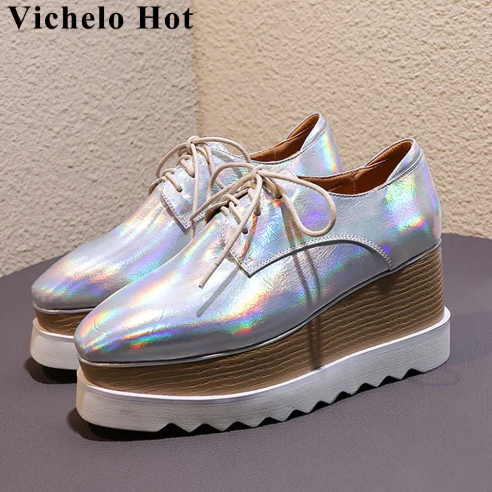 

Vichelo Hot European style handmade high quality cow leather lace up punk wedges high heels plus size runway women pumps L78