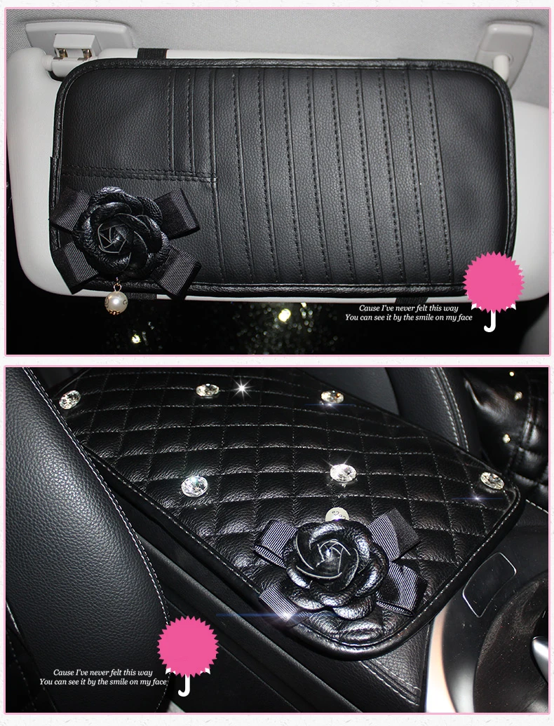 Чехол рулевого колеса автомобиля с черным цветком камелии, Кожаная подушка для шеи автомобиля, универсальная подушка для подголовника автомобиля