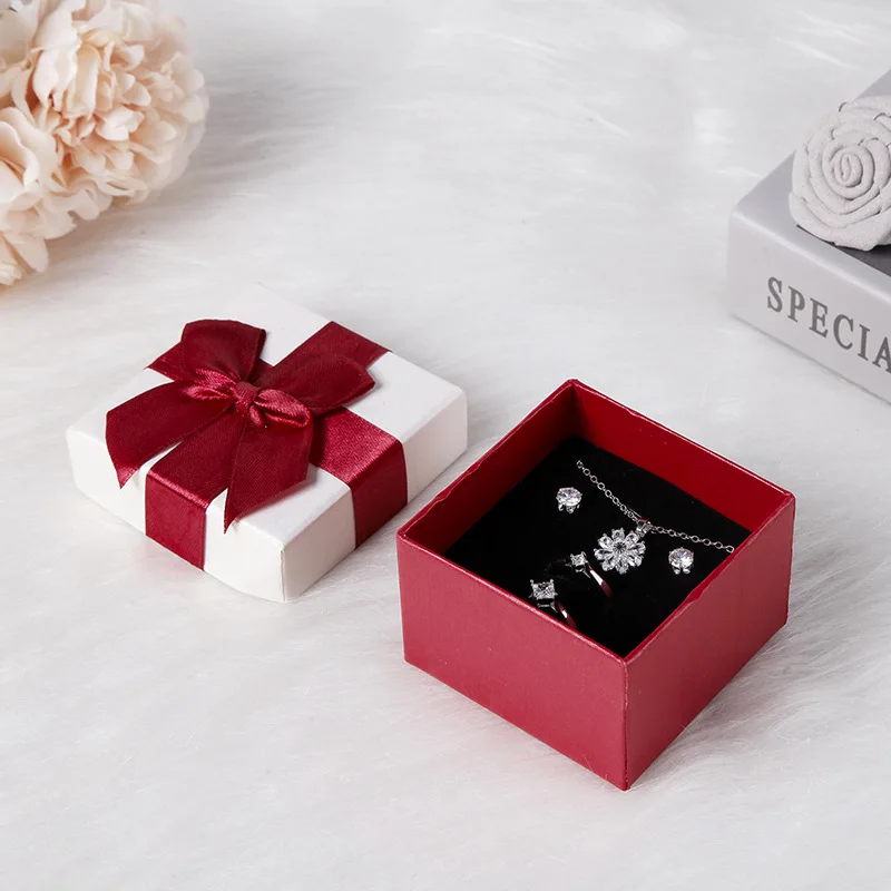 Многоцелевые бумажные серьги, кольцо, ювелирные изделия упаковка коробка с лентой Bow7.5x7.5x5cm ювелирные украшения свадебные серьги дисплей