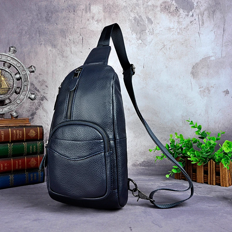

Crazy Horse Leather men Casual Blue Travel Triangle Chest Sling Bag Design 8" Tablet One Shoulder Strap Bag Daypack Male 8012bl