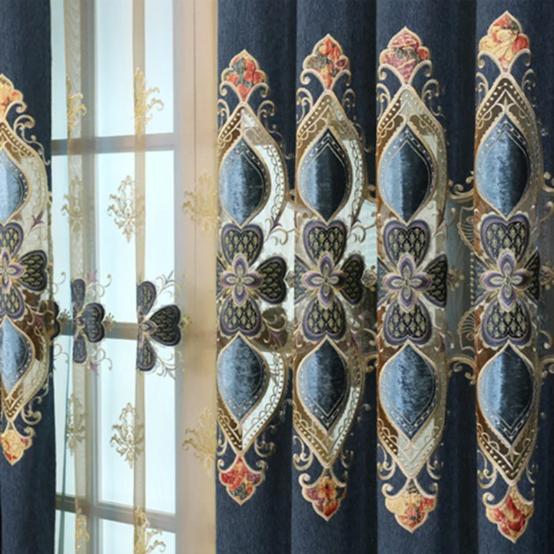 Classic Luxury Navy Plum Embroidery Curtains in the Living Room