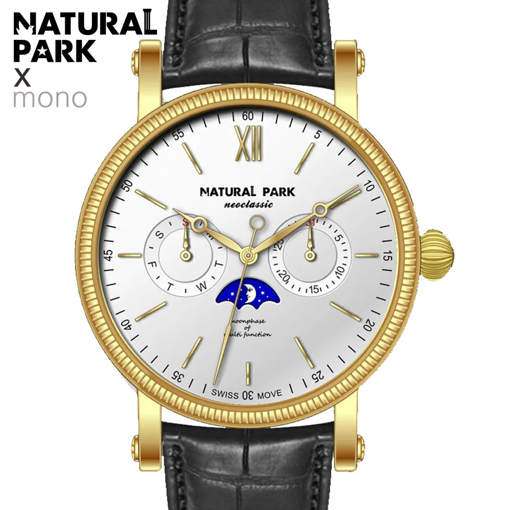 Часы NATURAL PARK, мужские, люксовый бренд, многофункциональные, кварцевые, мужские, спортивные часы, Moon Phase Dive, 30 м, повседневные часы, Relogio Masculino - Цвет: NP1479 GWB