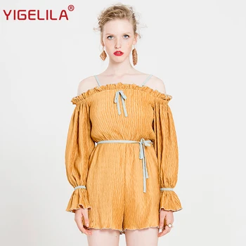 

YIGELILA Latest Women Solid Off Shoulder Playsuits Fashion Slash Neck Flare Sleeve Empire Slim Casual Playsuits 5531