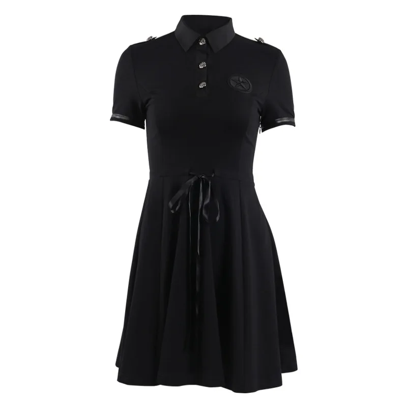 

New Women's Dark Fashion Punk Style Gothic Dresses Turn Down Collar Short Sleeve Sashes Mini Dress 2019 Girls High Waist Dresses