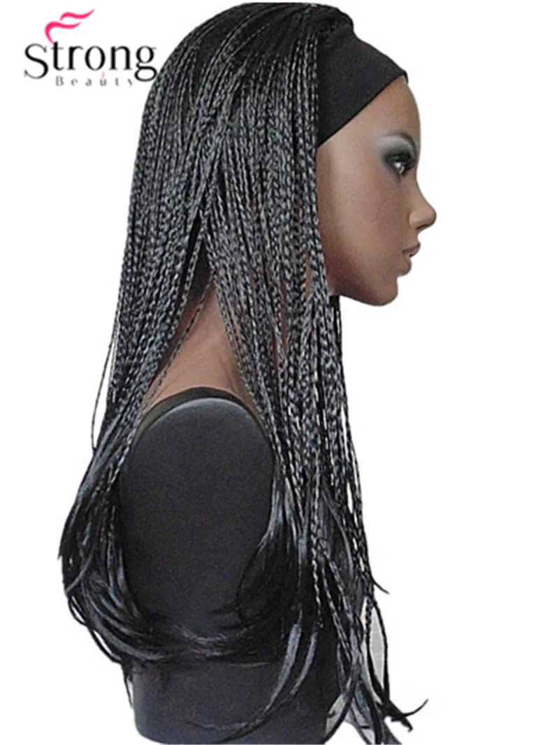StrongBeauty 24 дюйма длинный черный плетеный 3/4 парик с головной повязкой полный синтетические волосы - Цвет: #1