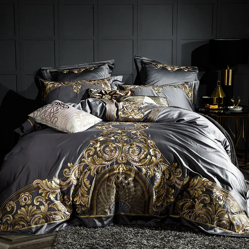 

New Gray Red European Style Luxury Royal Embroidery 100S Egyptian cotton Bedding set Duvet Cover Bed Linen Bed sheet Pillowcases