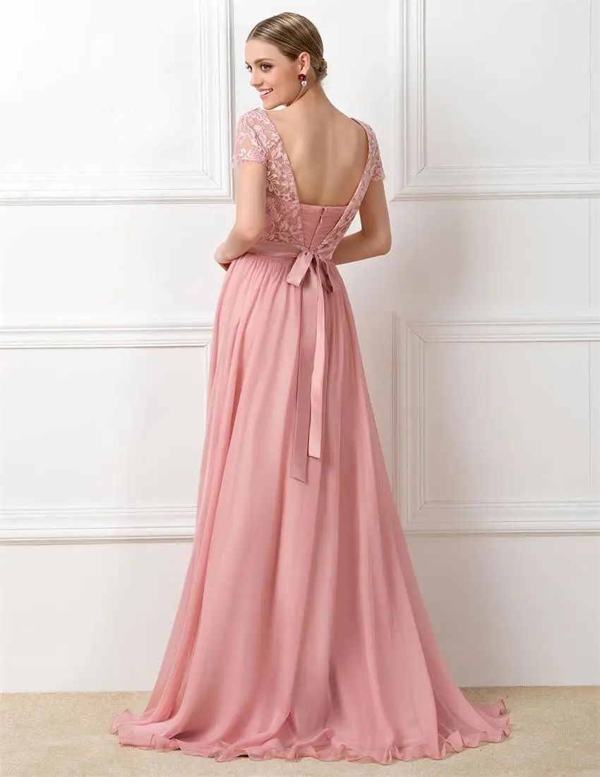 Custom made bella color pesca abiti da damigella d onore 2015 vedere attraverso pizzo spose cameriera vestito con cintura con fiocco in Custom made