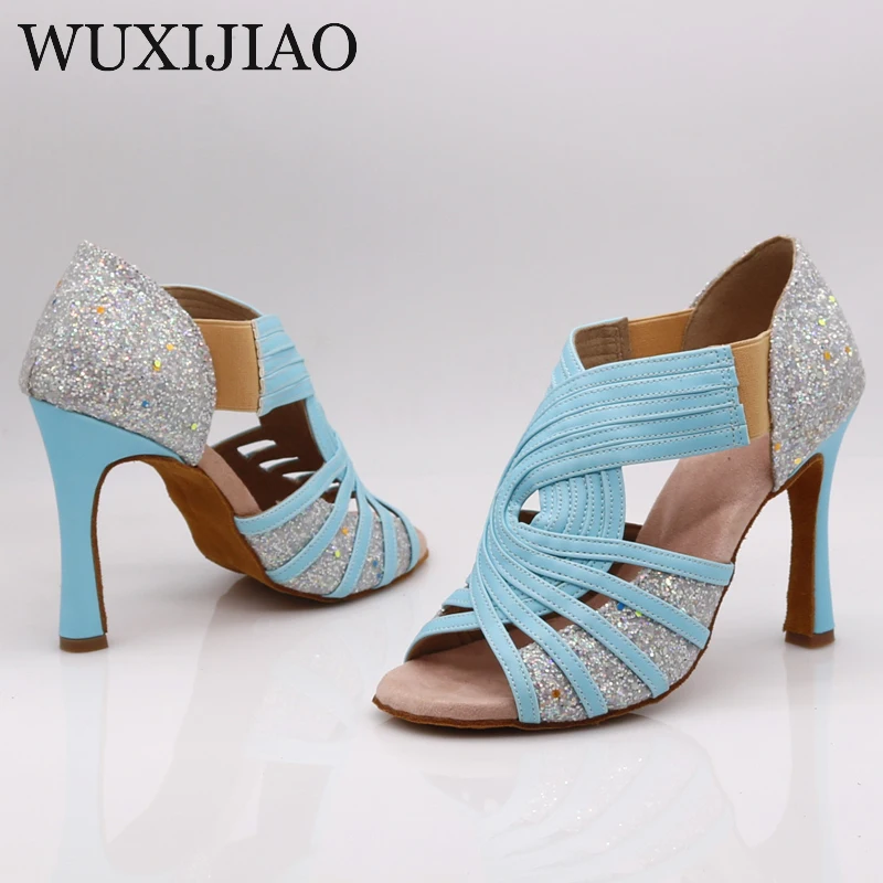  Latin dance shoes women's wide with blue pink green fluorescent PU flash cloth salsa dance performa