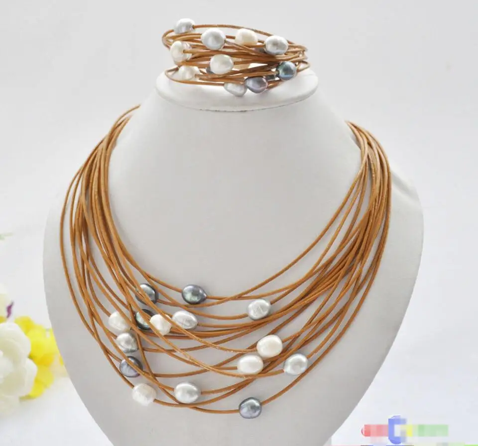 

Free shipping hot sale Women Bridal Wedding Jewelry >>15row 13mm white black gray rice pearl coffee leather necklace & bracelet