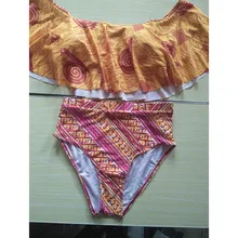 Сексуальное бикини Высокая Талия Плавание Костюм рюшами Купальники для малышек Для женщин Полосатый biquini Плавание ванный комплект с открытыми плечами Купальники для малышек Трусики бикини Для женщин