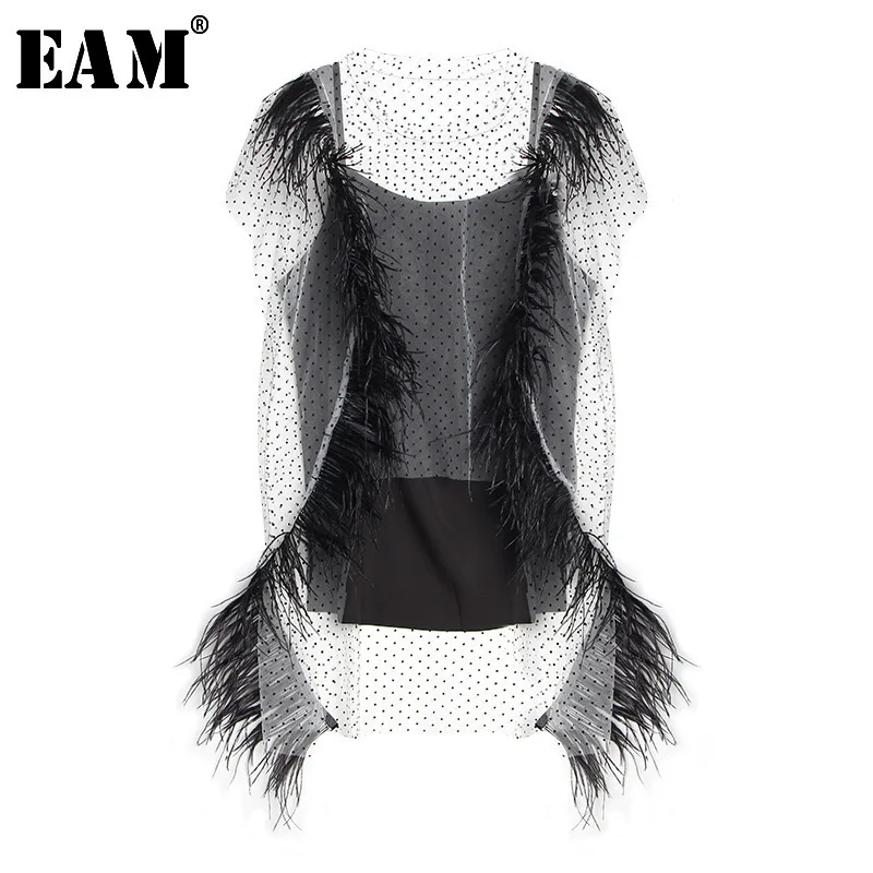 

[EAM] 2019 New Spring Summer Lapel Short Sleeve Black Dot Perspecctive Mesh Feather Shirt Women Blouse Fashion Tide JT202