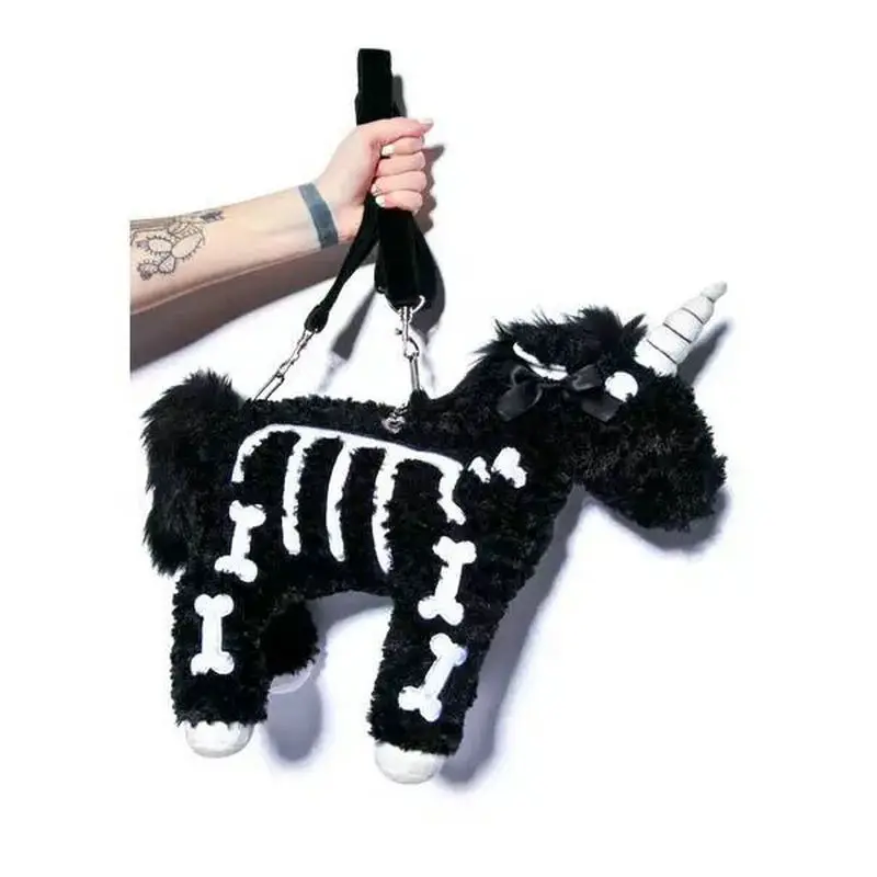 

Fun Unicorn Bag Skeleton Printing X-ray Faux Fur Gothic Handbag Steam Punk Dark Style Shoulder Bag Horse Shaped Crossbody bag