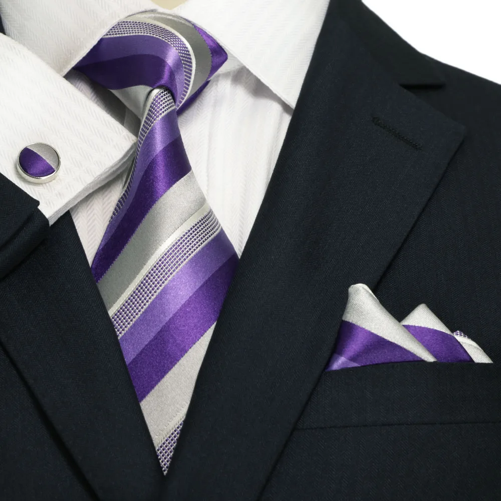 Landisun Fashion 18A23 Gray Purple White Striped Mens 100%