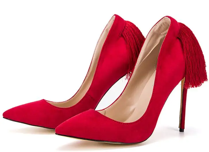 Модные женские острый носок красные замшевые назад кистями туфли-лодочки очаровательные бахромой очень высокий каблук свадебные вечерние