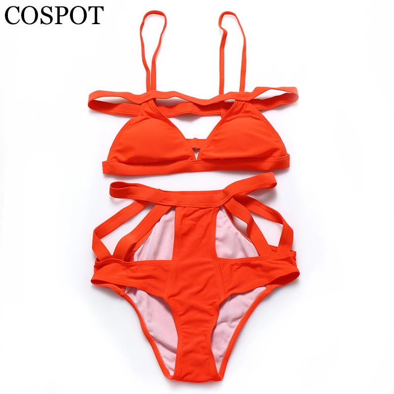 

2016 New Women Cross Hollow Out Bikini Set Orange High Waist Swimsuit Bandage Swimwear Sexy Micro Cup Bathing Suits
