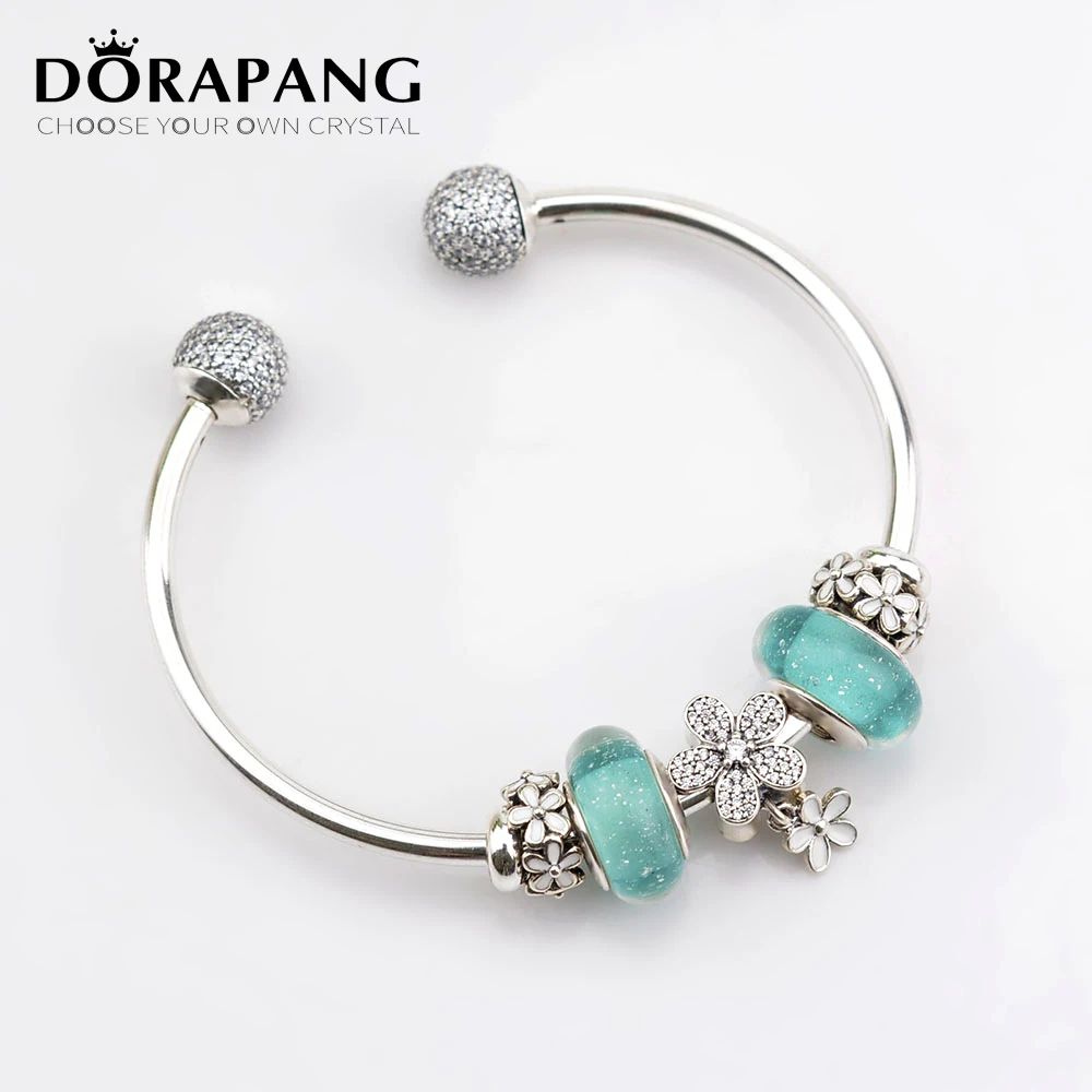 

DORAPANG 100% 925 Sterling Silver Bracelet Set For Europe Women Spring White Flowers DIY Gift Original Bangle & Green Charm Bead