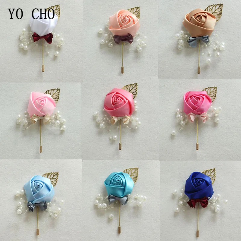 YO CHO Luxury Boutonniere for Men Handmade Groomsmen Corsage Fashion Silk Rose Flower Wedding Supplies Festival Prom Party Decor yo cho boutonniere pin flowers groomsmen corsage wedding groom boutonniere buttonhole wedding witness corsages prom accessories