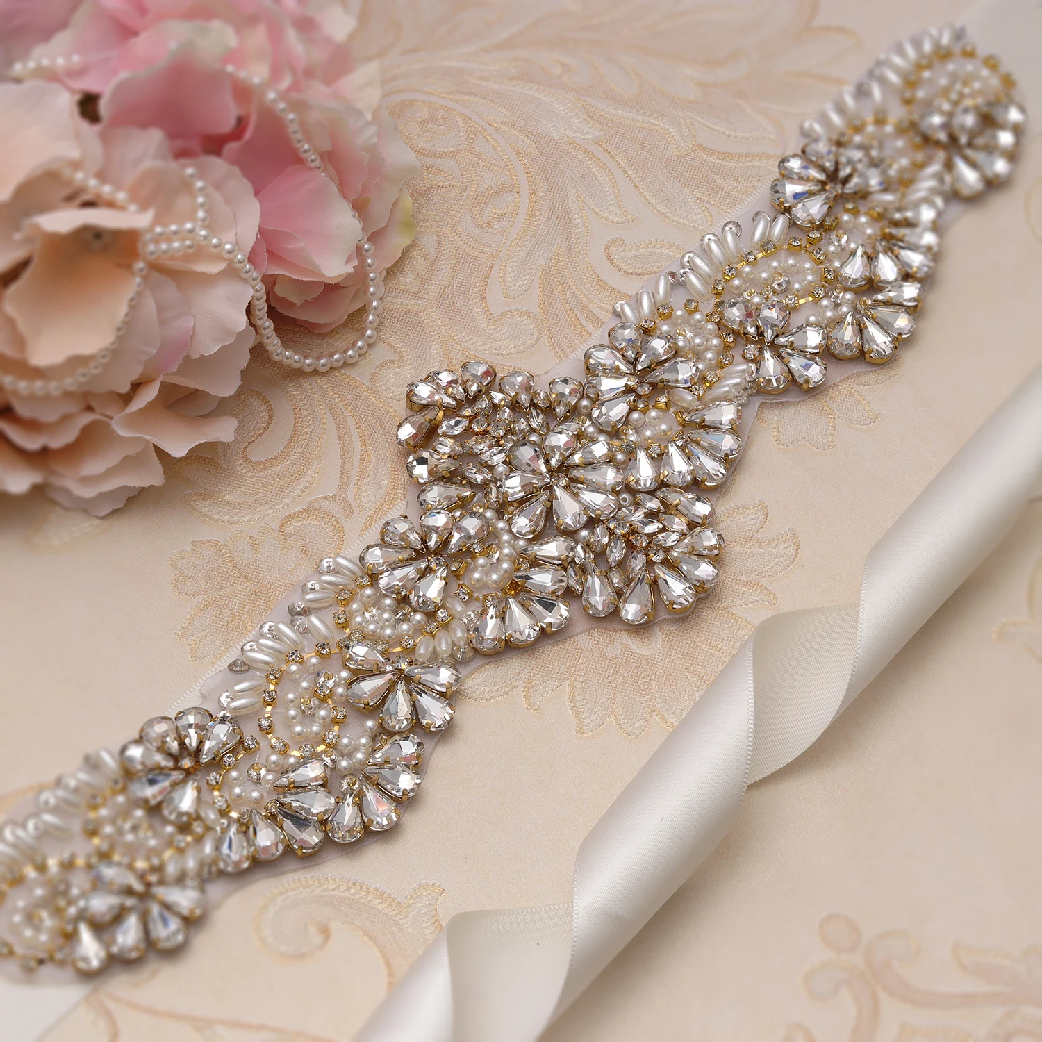 

MissRDress Big Size Bridal Belt Rhinestones Flower Pearl Bridal Sash Gold Crystal Beads Wedding Belt For Wedding Prom Gown JK908