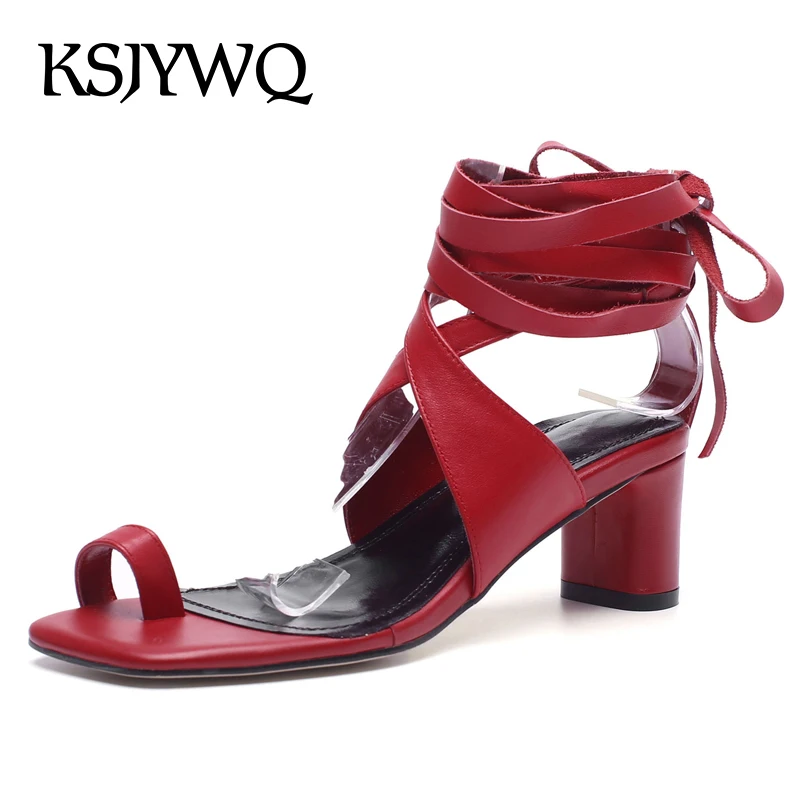 

KSJYWQ Genuine Leather Women Sandals 5 CM Chunky Heels Lace-up Red Pumps Open-toe Plus Size Woman Shoes Box Packing PL-892