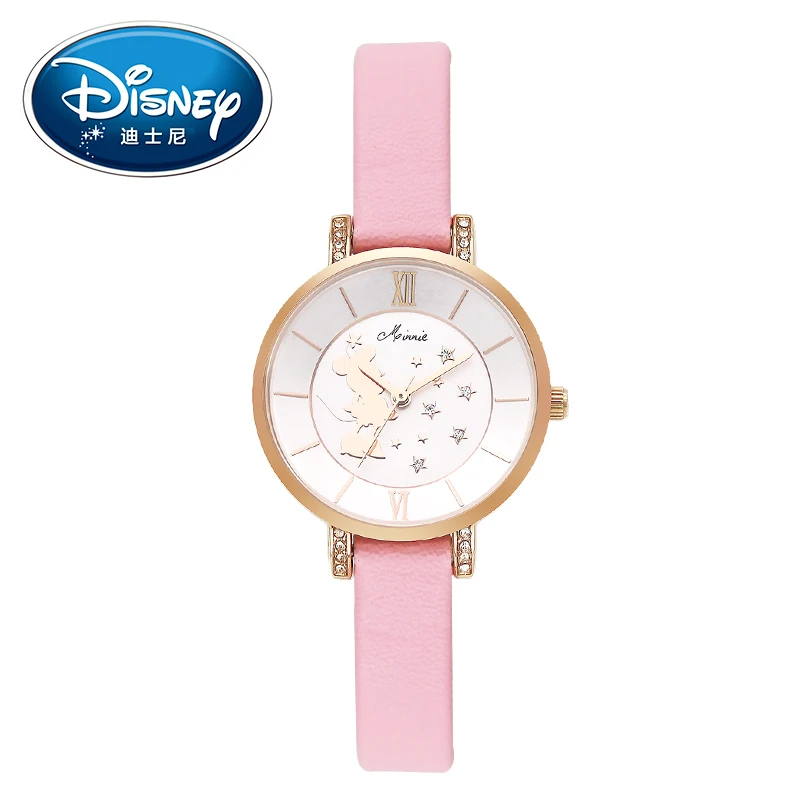 

Disney Kids Watch Children Watch Rhinestone Fashion Minnie Leather Strap Cute Quartz Wristwatches Girls Waterproof clock
