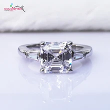 COLORFISH Luxury Asscher Cut Three Stone Engagement Ring 3 Carat Brilliant Synthetic Nscd Women 925 Sterling Silver wedding