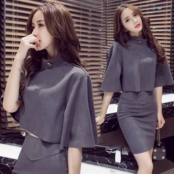 

2018 Hot Sale Three Quarter Zipper Turtleneck New Women's Suit Skirt Fashion Deer Suede Female Women Two Piece Outfits 2 Set