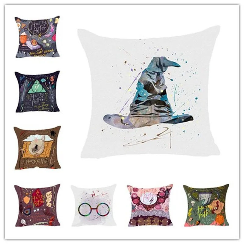 

Harry Potter Cushion Cover Cotton Linen Goblet of Fire The Deathly Hallows Home Decorative Pillow Cover for Sofa Cojines