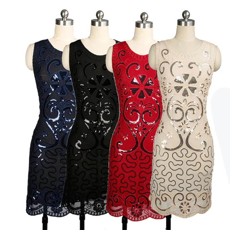 

2019 New Sexy 1920s Retro Sequined Dress Women Fashion Round Collar Sleeveless Summer Banquet Dinner Dress